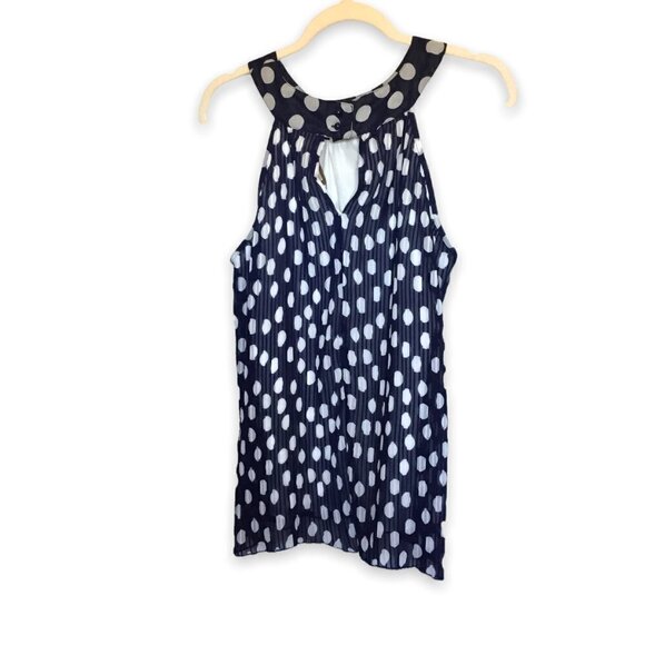 Jonathan Martin Blouse Racerback Mini Pleat Polka Dot Blue and White Women Sz XL - Picture 2 of 5